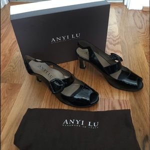 Anyi Lu black patent leather peep toe shoe